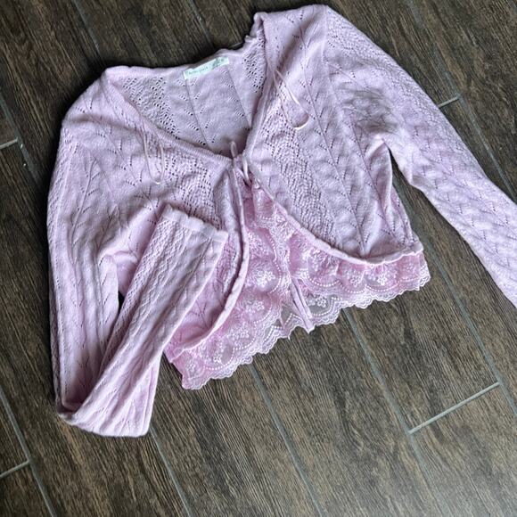 Altar'd State Pink crochet knit tie cropped sweater - Picture 1 of 6